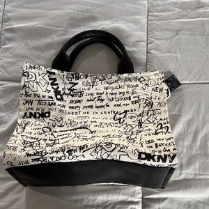 DKNY Black and White Graffiti Canvas Tote
